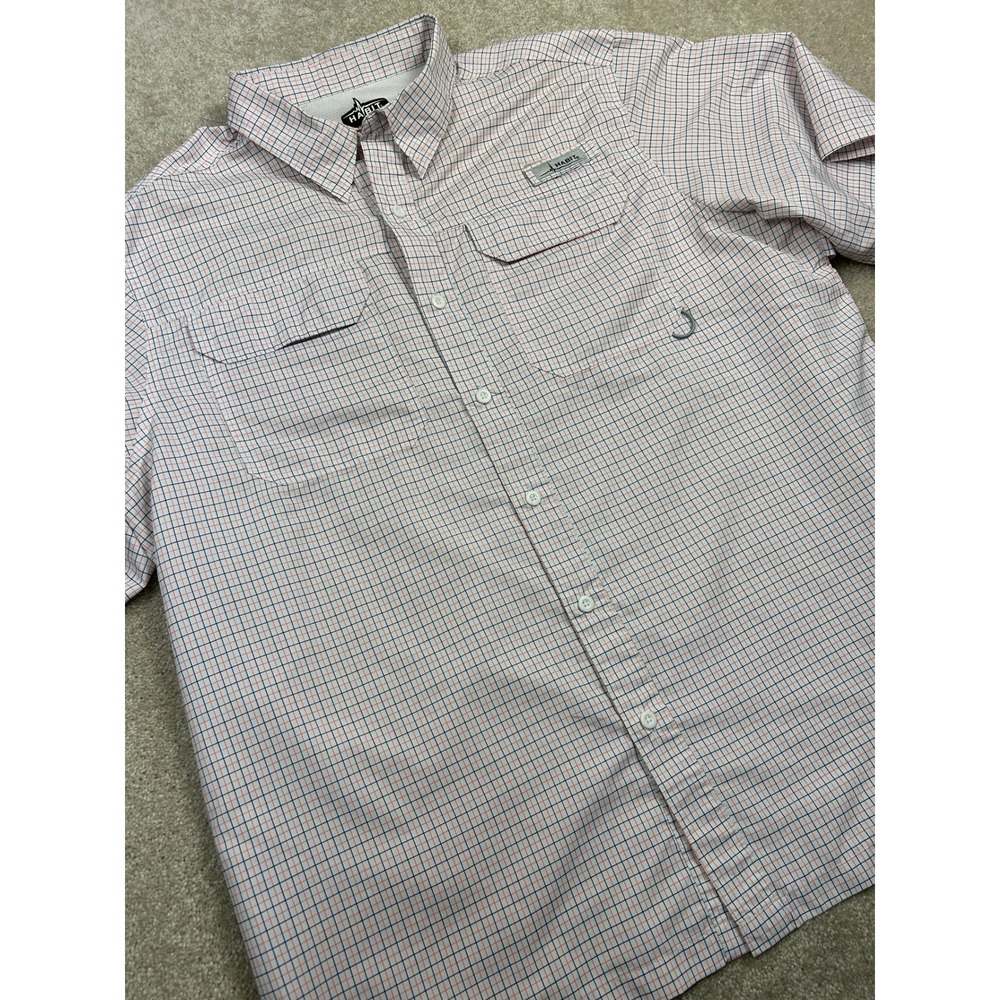 Habit Mens XL Short Sleeve‎ Fishing Shirt Plaid Salmon Peacoat TS1449 UPF 40+